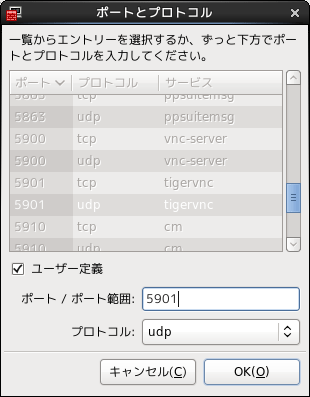 ポート番号は5901 プロトコルはudp