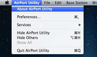 Open AirPort Utility and click About AirPort Utility on menu bar.