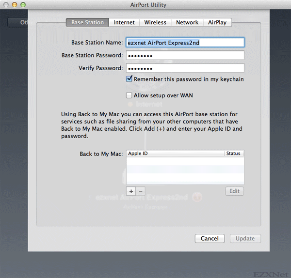 Base Station tab Base Station tab sets your AirPort Base station name and password. Base Station Name is necessary to distinguish between AirPort Base Station and other Base Station. Type your AirPort Base Station's name on configured network. Base Station Password is your AirPort Base station password. It needs open or set up this Base Station on AirPort Utillity. Select the Remember this password in my keychain checkbox to save the password in Keycain Access.