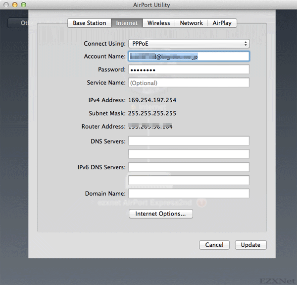 Internet tab sets configure mode on AirPort Base Station  Connect Using : Select the one DHCP or Static or PPPoE.If your internet line needs PPPoE, you select PPPoE.  In this entry uses PPPoE. IPv4 address: Global IP address of obtained from internet service provider.  Enter your username in the field labeled "Account Name" and "Password". These are provided to the internet service provider.