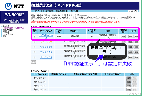 PPPoE接続設定が「未接続(PPP認証エラー)」と表示されているときはフレッツが提供する光回線には問題がないのですがISPまで到達して「接続ユーザ名」と「接続パスワード」に相違があるため接続できないことを表しています。