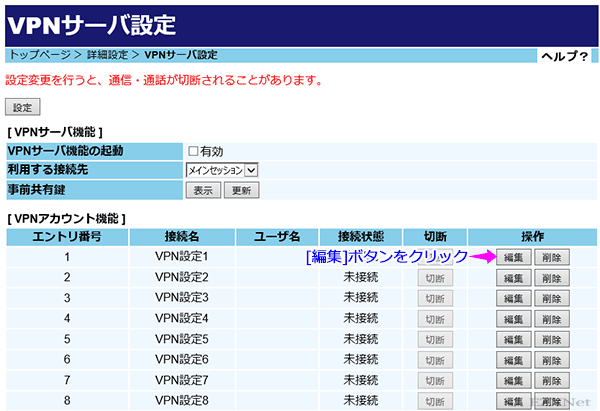 [VPNアカウント機能]一覧にVPNアカウントが表示されます。ここではVPNアカウントを作成します。アカウントの作成には[編集]ボタンをクリックします。