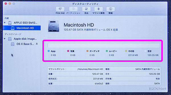 消去後は画面の下部に表示されるMacintosh HDの空き領域が増えたことを確認します。